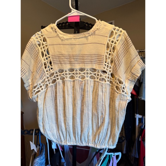 Free People Cedar Lace Crochet Cutout Boho Blouse Cream Striped Short Sleeve - Picture 6 of 7